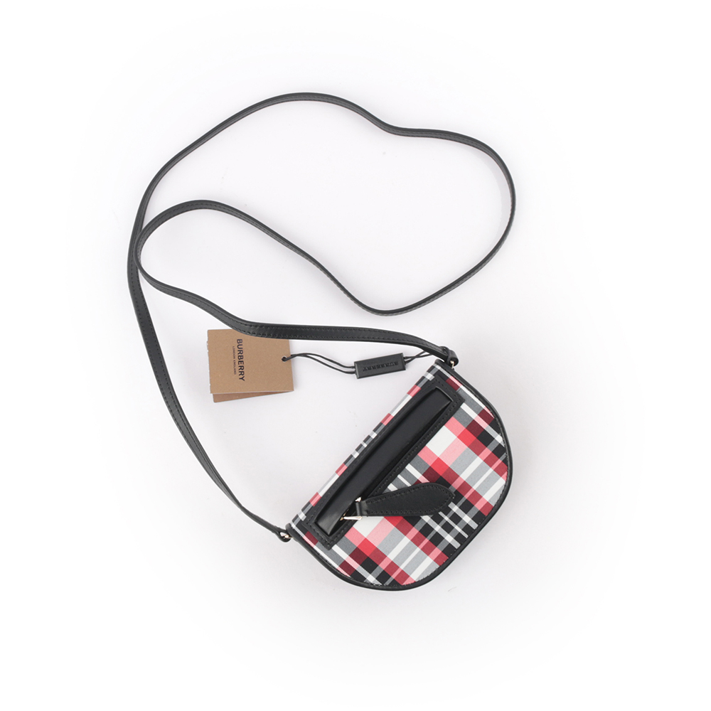 BURBERRY Olympia 牛皮拼帆布格紋附可拆背帶卡片夾/黑色/紅色, , large