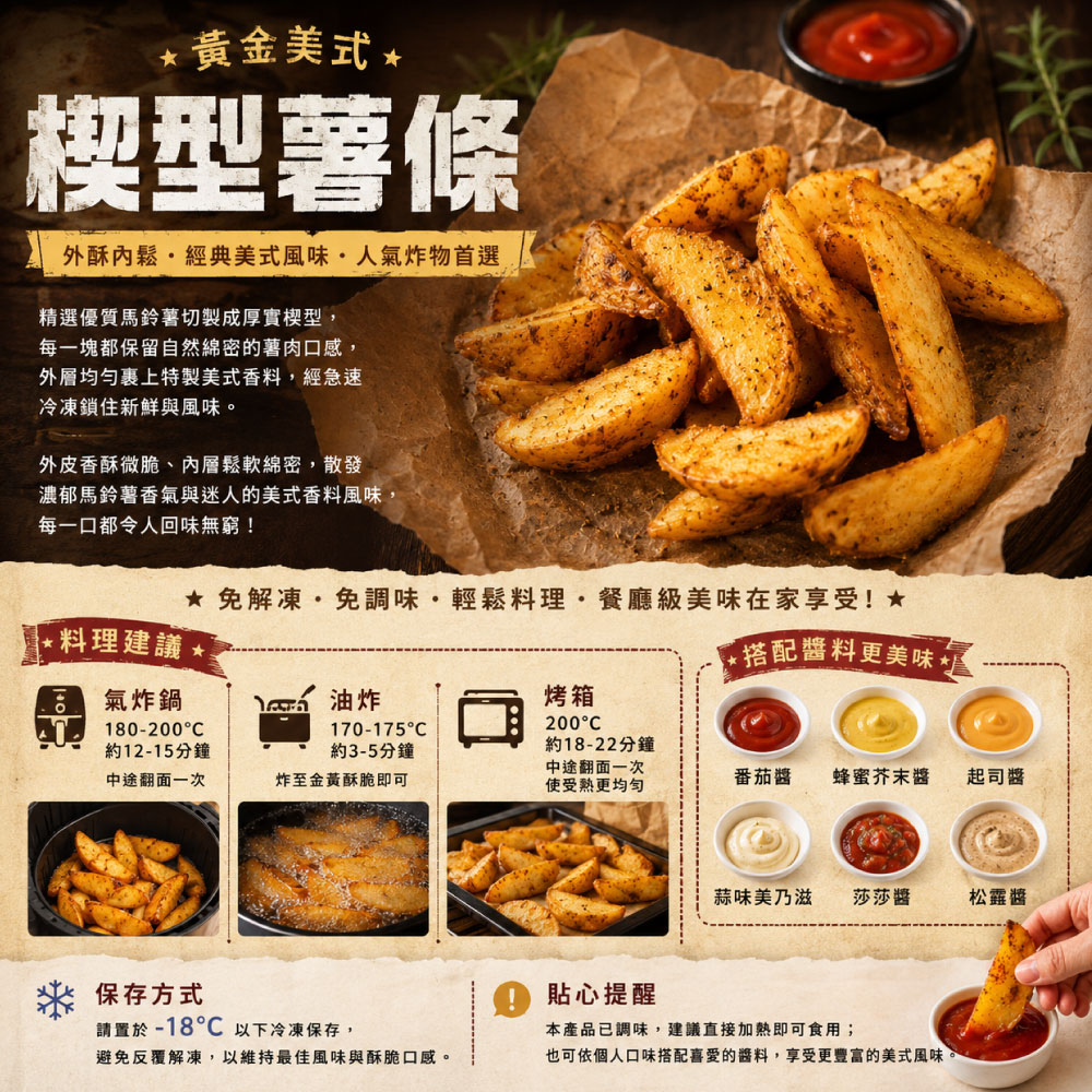約克街肉舖 黃金美式楔型薯條12包(500g&plusmn;10%/包), , large