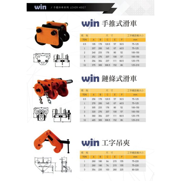 WIN 五金 WIN  1T*3M鍊動小車 齒輪式天車 鍊條式滑車 手拉吊車 手動吊車 電動吊車 手推式滑車 工字鐵滑車, , large