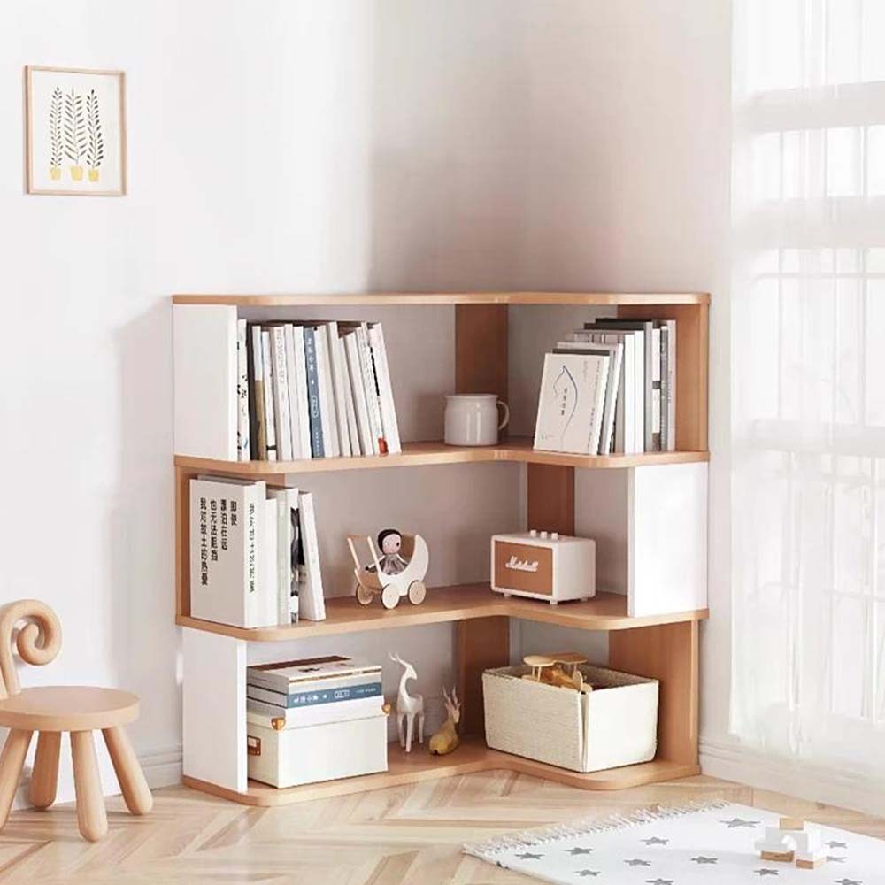 [Lele] L-shaped corner minimalist and practical bookshelf, two-tone natural wood + white, 3 shelves, 90x60 cm (solid wood bookshelf, shelf, storage rack), , large