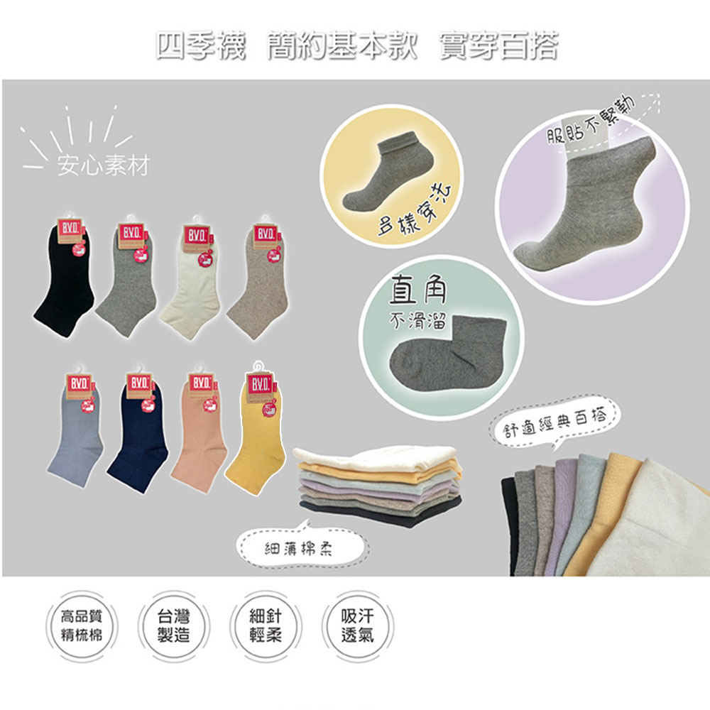 【BVD】6雙組-寬口直角短襪-女襪 短襪 無痕 休閒穿搭襪(B633), , large