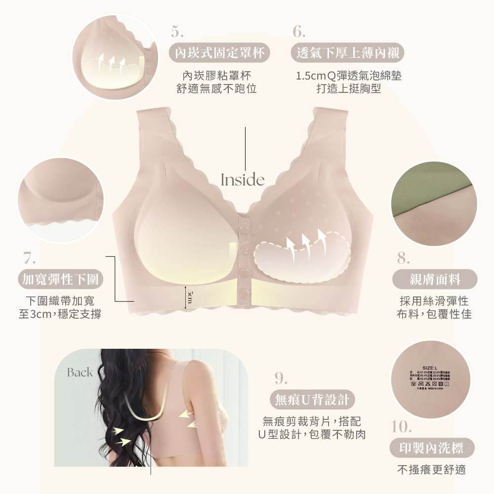 【伊柔 EVEROY】鈕扣型前扣美V集中 M-EQ/3XL大尺碼無鋼圈內衣 哺乳內衣 裸膚粉 W015-31, , large