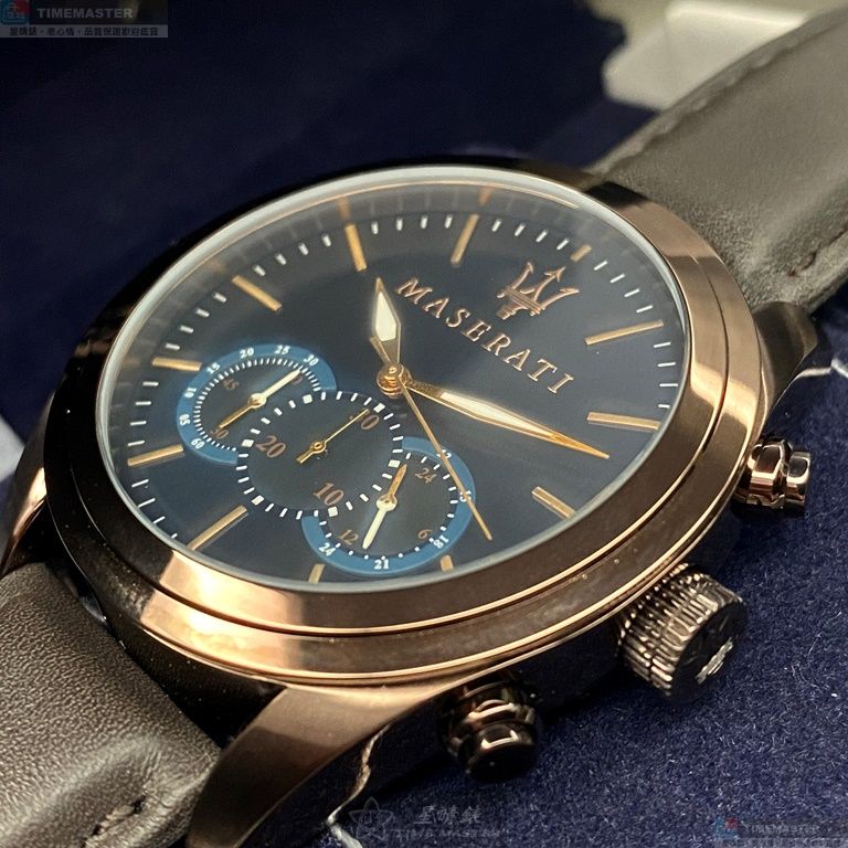 [星晴錶業]MASERATI手錶,46mm,R8871612008寶藍色錶面古銅色錶殼咖啡色真皮皮革錶帶款, , large