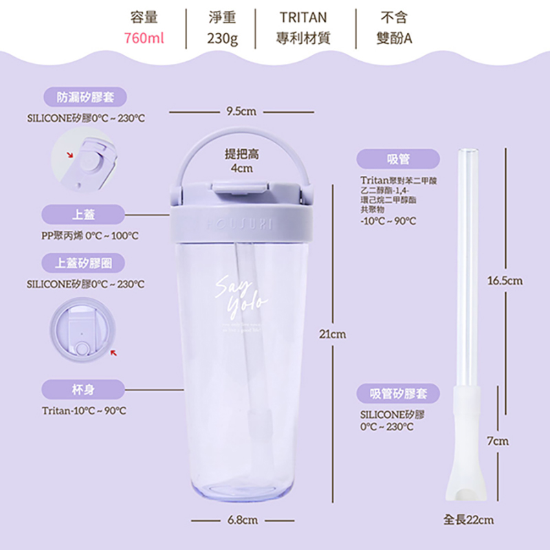 『HOUSUXI‧舒希』Tritan輕透舒吸杯(附彈跳吸管)760ml-淡雅紫, , large