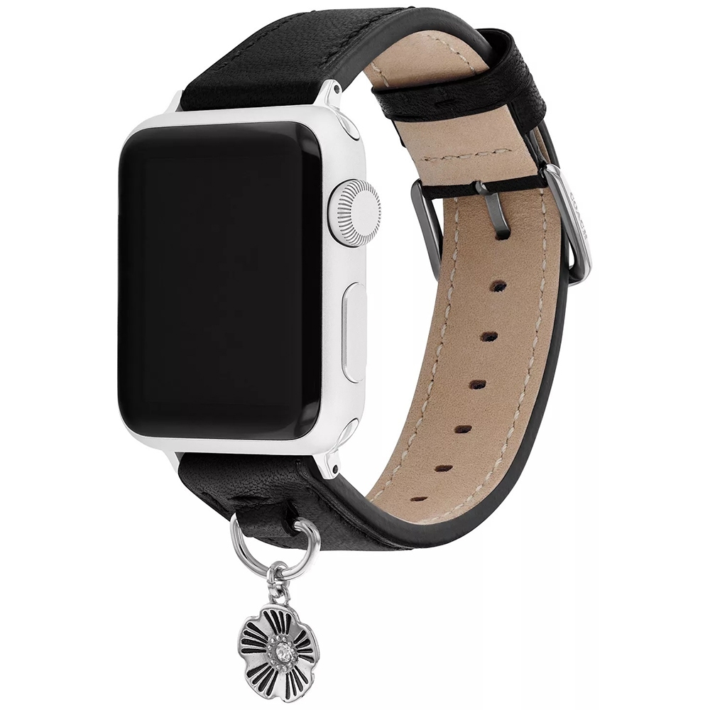 COACH Apple Watch 錶帶 38/40mm 適用 茶花吊飾皮錶帶 - 黑色(不含手錶), , large