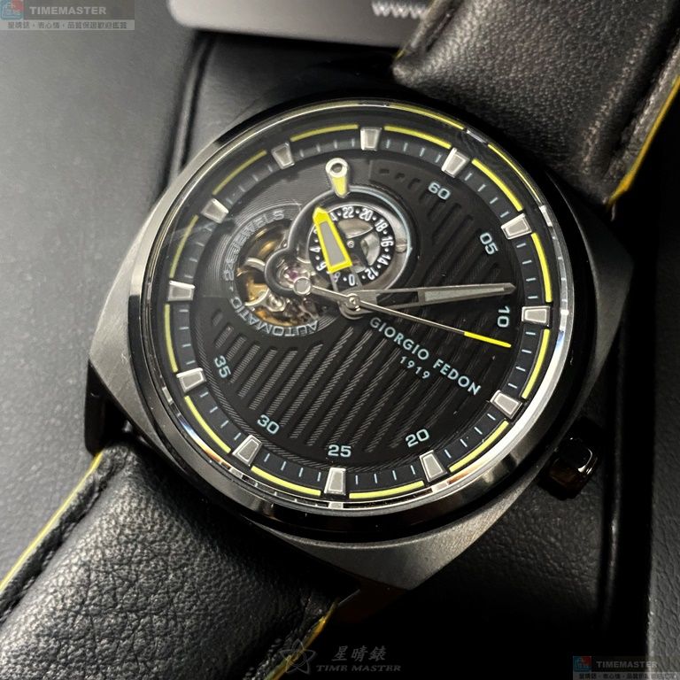 [星晴錶業]GiorgioFedon1919手錶,42mm,GF00095黑色機械鏤空錶面黑錶殼深黑色真皮皮革錶帶款, , large