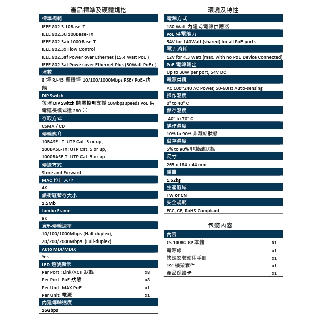 昌運監視器 CERIO 智鼎 CS-1008G-8P 8埠 10/100/1000Mbps Gigabit PoE+ 網路交換器, , large