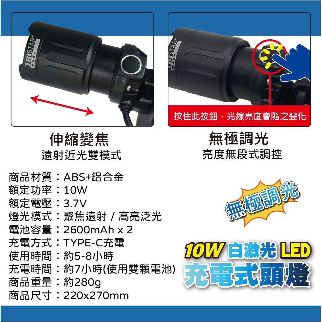 鉅玉經典｜ 10W白激光LED充電式頭燈 HK-K1168, , large