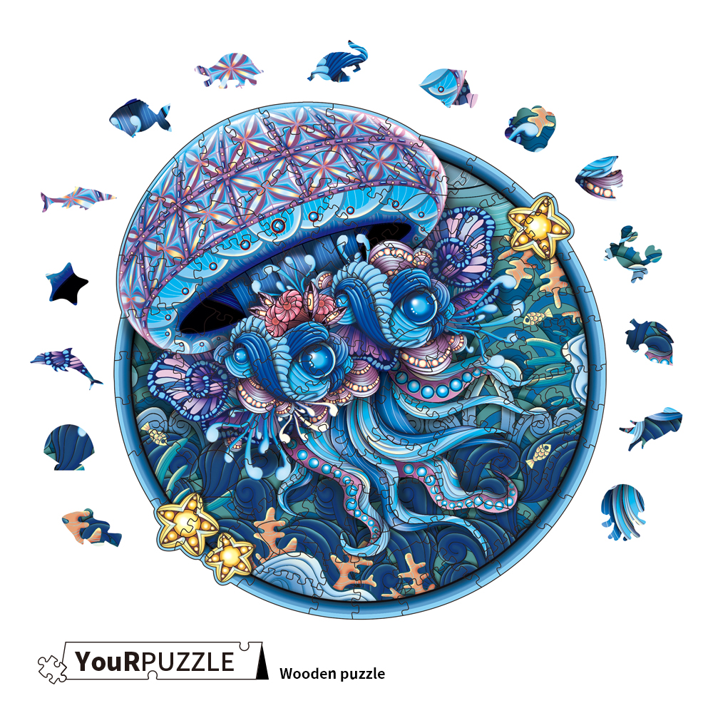  [Brick Republic]YouRPUZZLE Round Jellyfish &ndash; Irregular Wooden Puzzle (Certified), , large