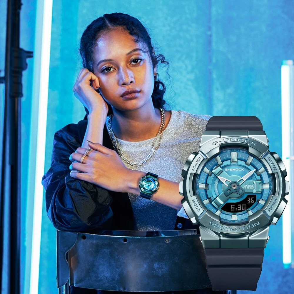 CASIO 卡西歐 G-SHOCK 金屬色雙顯電子錶-科技藍 GM-S110LB-2A, , large