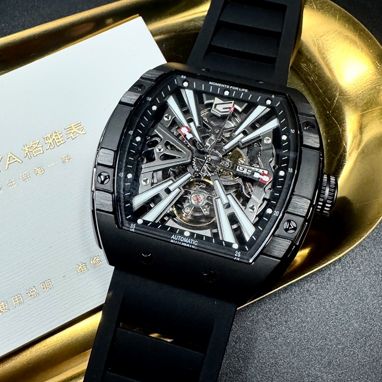 [星晴錶業]GEYA手錶,48mm, 52mm,G78130GWKK雙面機械鏤空錶面黑錶殼深黑色矽膠錶帶款, , large