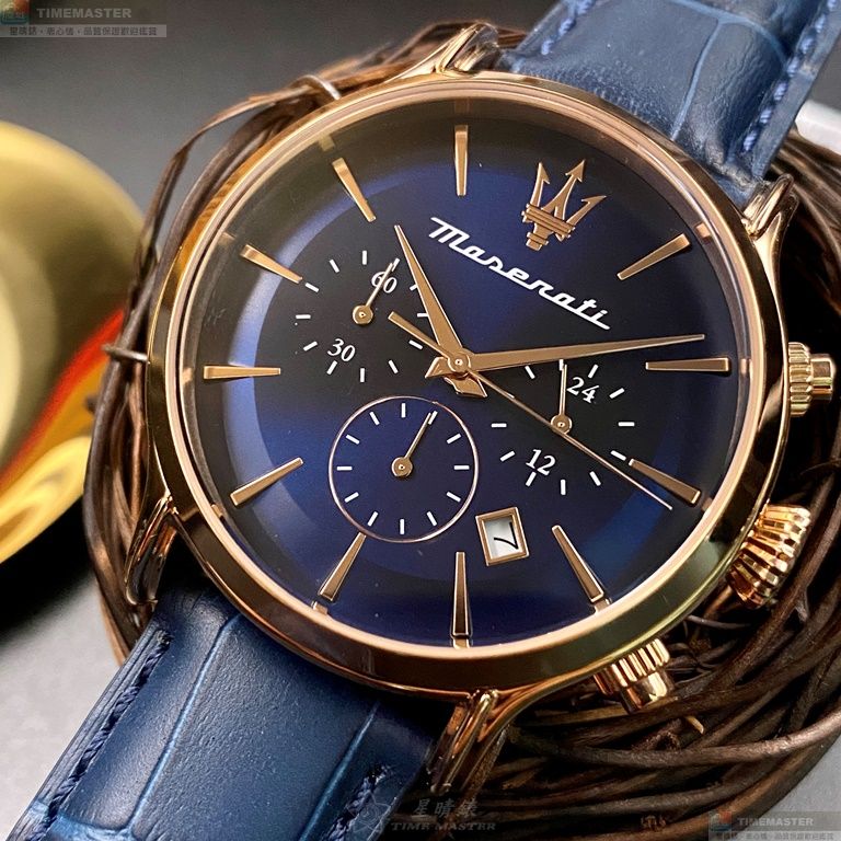 [星晴錶業]MASERATI手錶,42mm,R8871618013寶藍色錶面玫瑰金錶殼寶藍真皮皮革錶帶款, , large