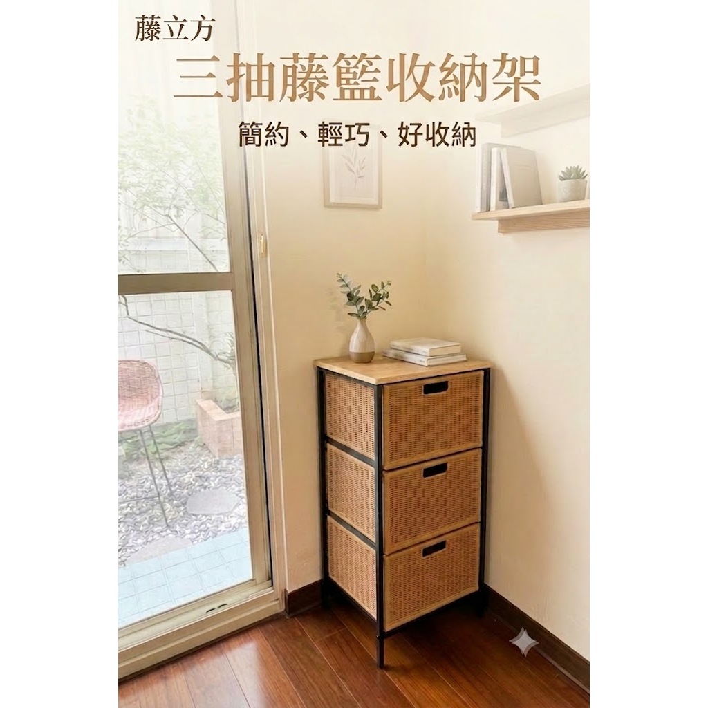 [藤立方] 三抽藤籃收納架-蜂蜜色, , large