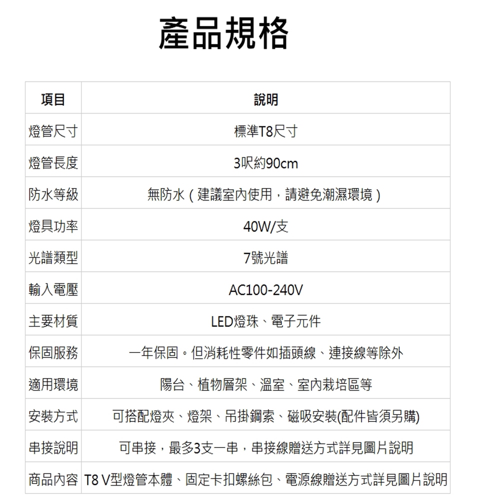【君沛】V型雙排 7號光譜 3呎 T8一體式植物燈 40W 高功率 鹿角蕨首選 抑制徒長 觀葉層架補光 免燈座生長燈, , large