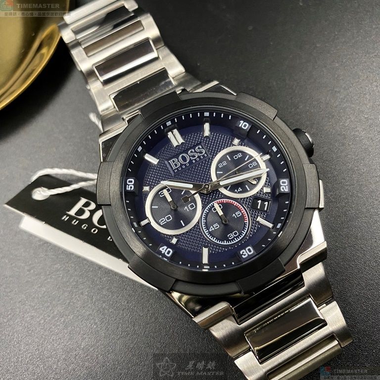 [星晴錶業]BOSS手錶,46mm,HB1513360黑色錶面黑銀錶殼銀色精鋼錶帶款, , large