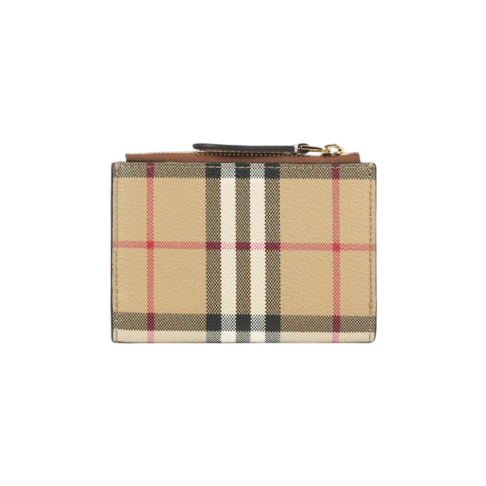 BURBERRY 格紋及小牛皮釦式二折短夾(經典米色/石楠木棕), , large