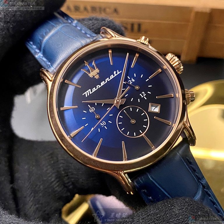 [星晴錶業]MASERATI手錶,42mm,R8871618013寶藍色錶面玫瑰金錶殼寶藍真皮皮革錶帶款, , large