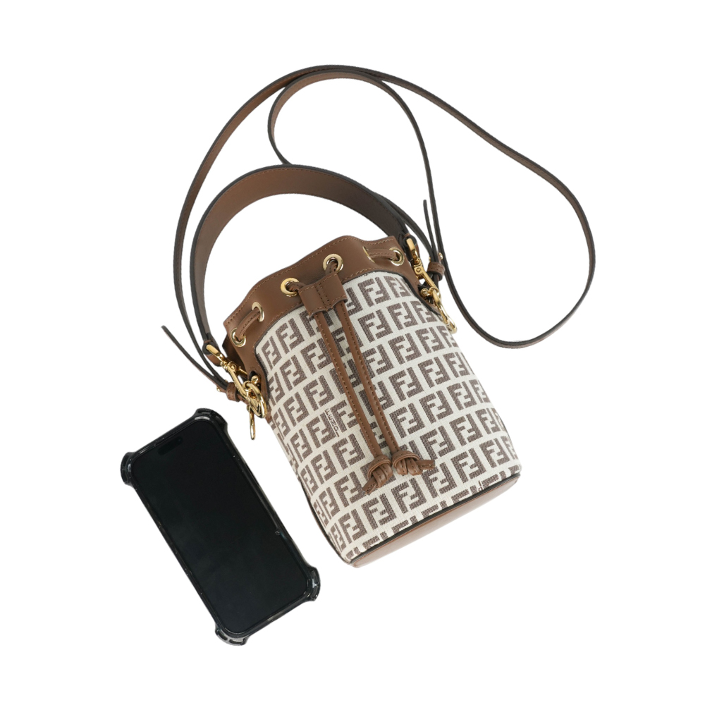 FENDI MON TRESOR FF LOGO 滿版標誌布質二用迷你水桶包/棕色, , large