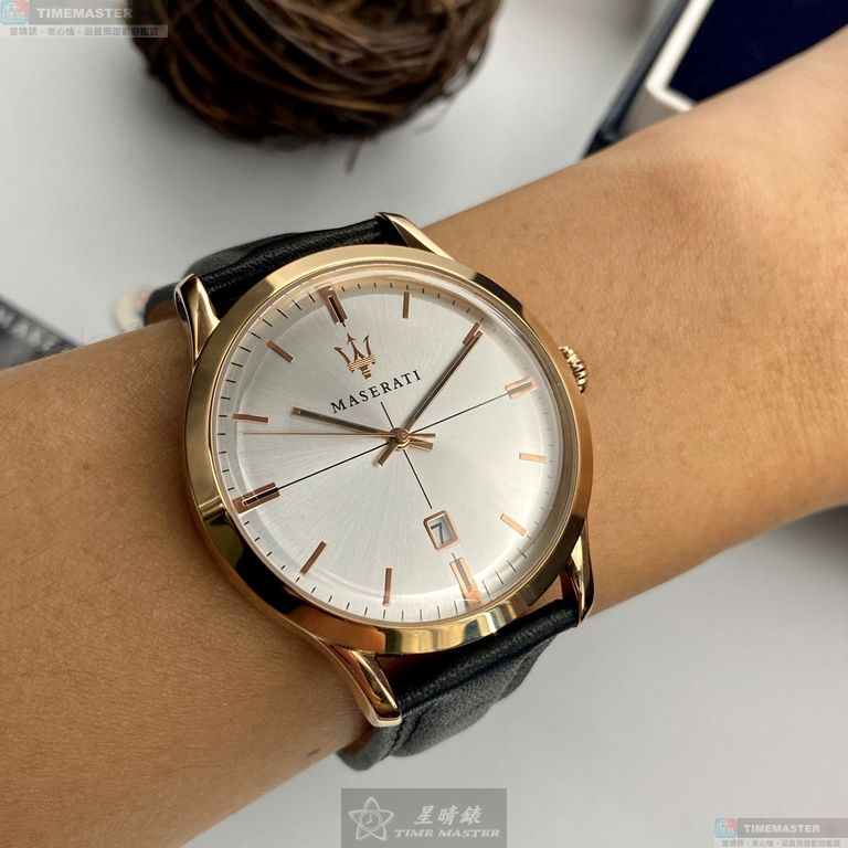 [星晴錶業]MASERATI手錶,42mm,R8851125005白色錶面玫瑰金錶殼深黑色真皮皮革錶帶款, , large