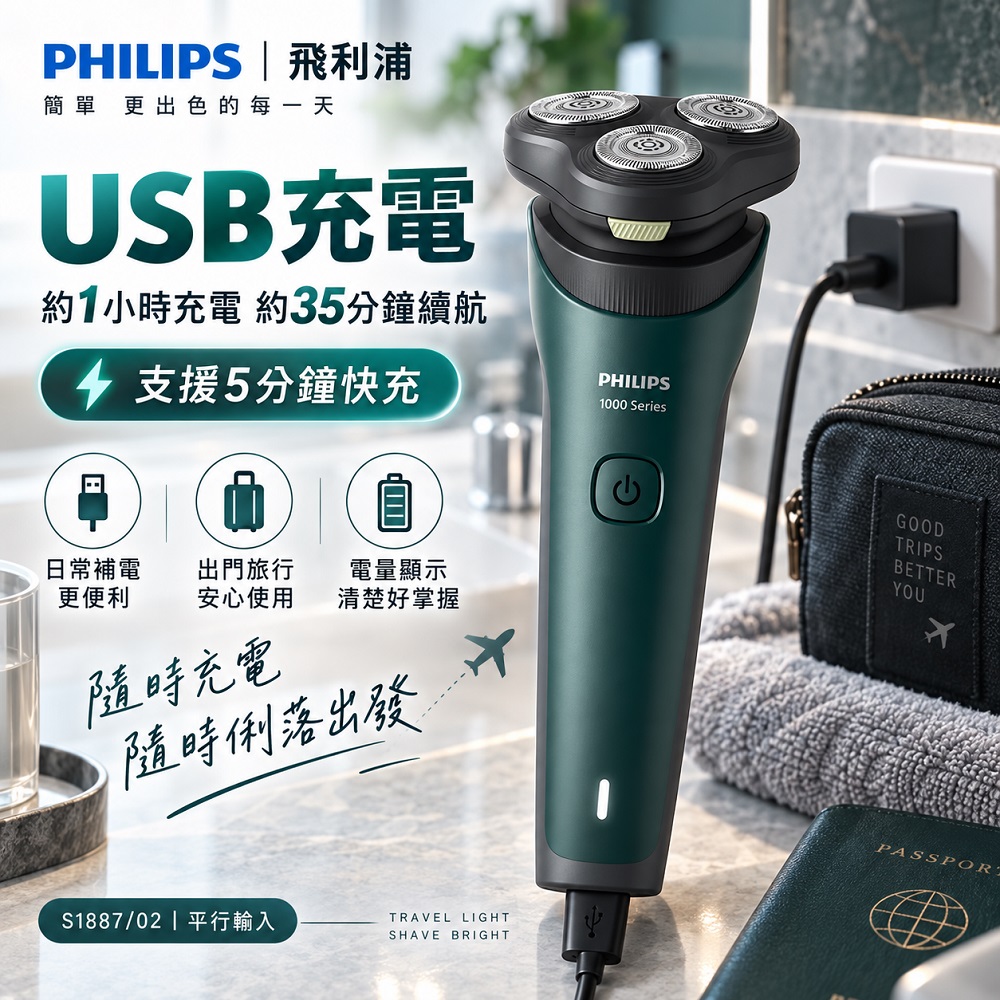 【Philips 飛利浦】3D浮動刀頭5分鐘快充乾濕兩用電動刮鬍刀 S1887/02 IPX7防水 買就送CME-SK500, , large