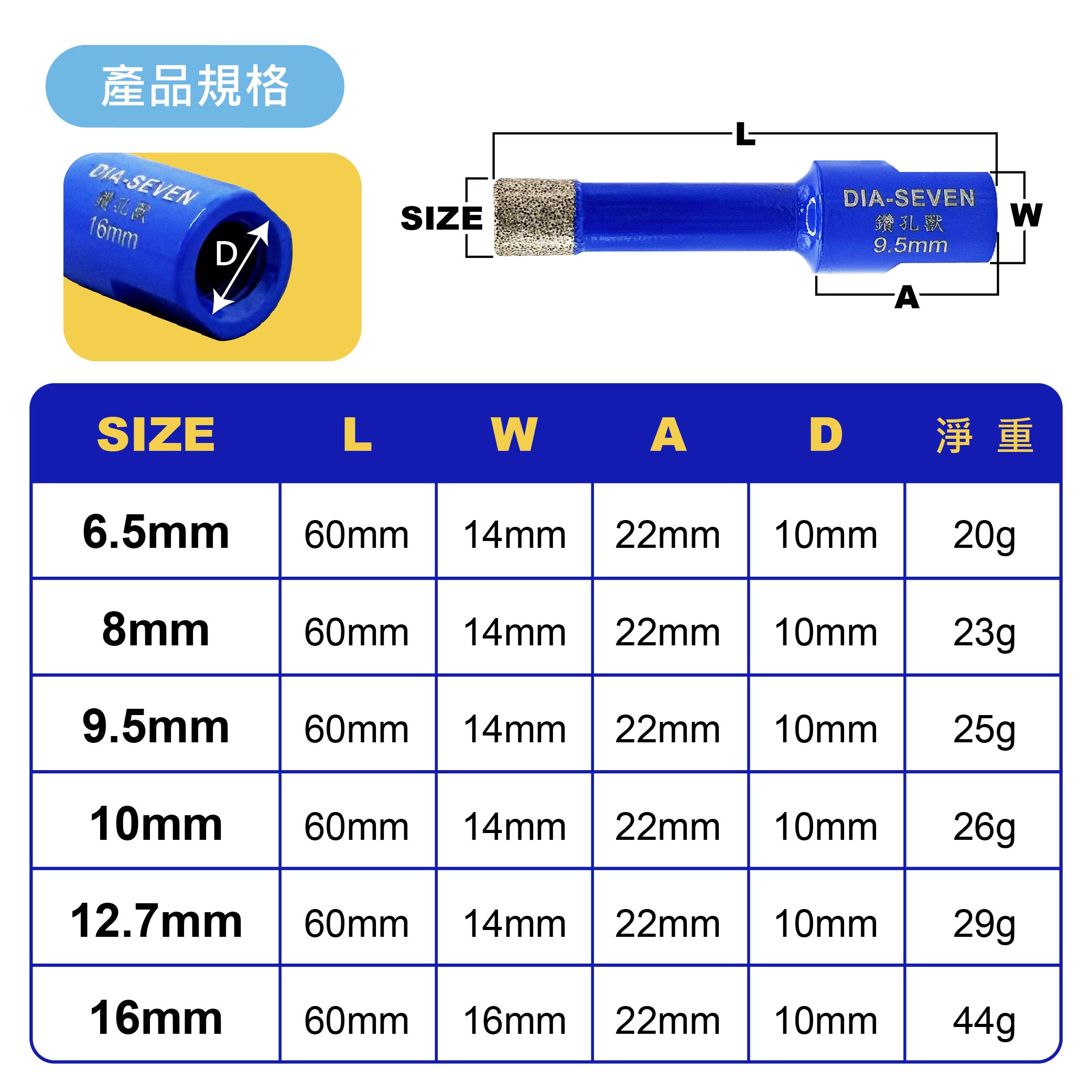 鉅玉經典｜M10 釬焊鑽石管 砂輪機 切割機 角磨機 鑽孔獸 開孔器 6.5mm SUC-6.5, , large