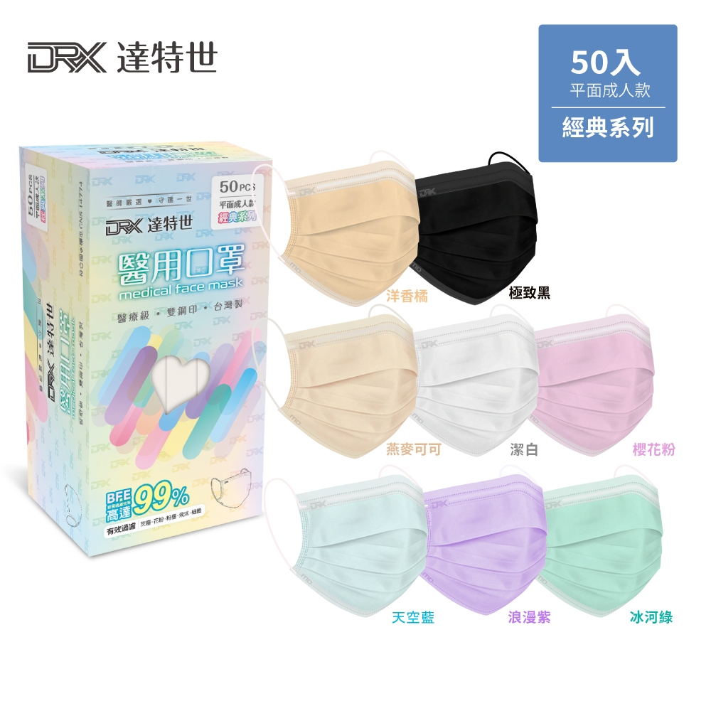 【DRX達特世】醫用平面口罩-經典系列-潔白(成人/50入), , large