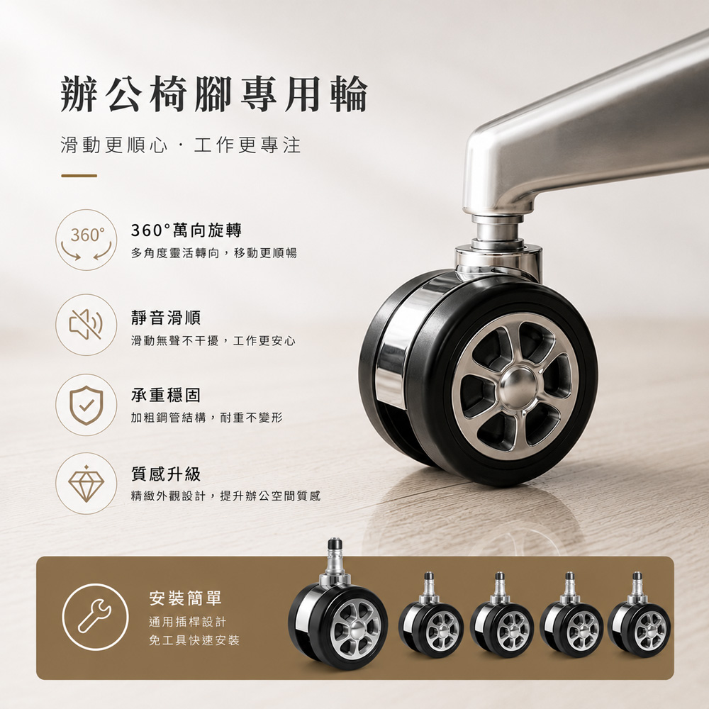 【G+居家】2組皇家電鍍萬向輪椅腳輪-2.5吋-5入(活動腳輪/電腦椅輪子/靜音輪/萬向輪/直插式), , large