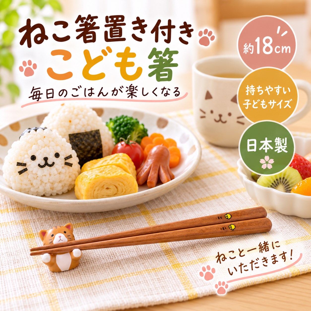 【HIYASU日安工坊】日本兒童箸-小貓 附筷架, , large