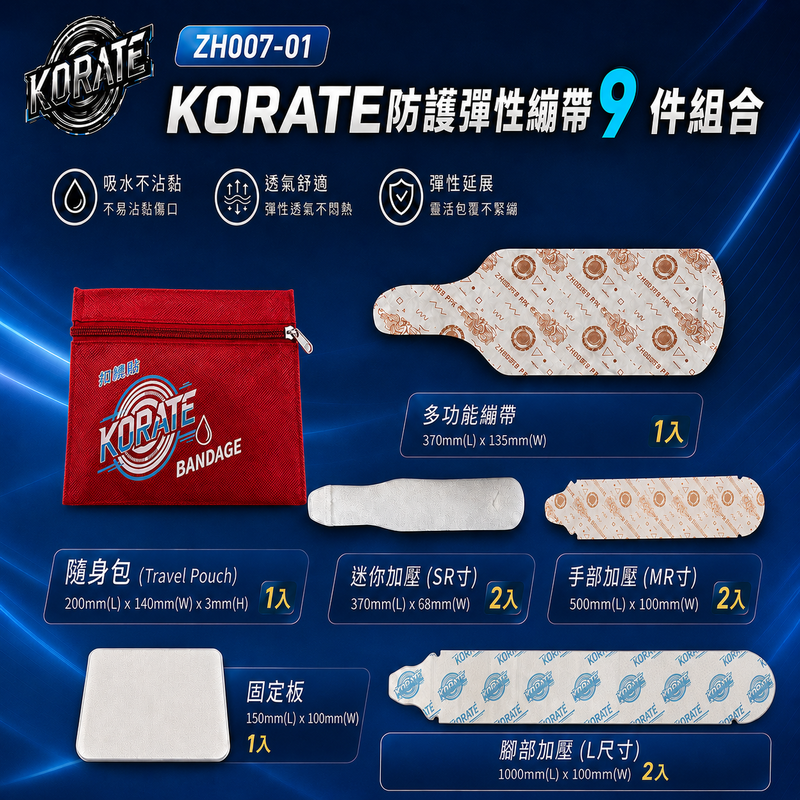 【淞康彈性繃帶(未滅菌)】ZH007-01-KORATE防護彈性繃帶9件組合-扣繞貼彈力防護繃帶(S號*2、M號*2、L號*2、多功能*1)、固定板*1、隨身包*1, , large
