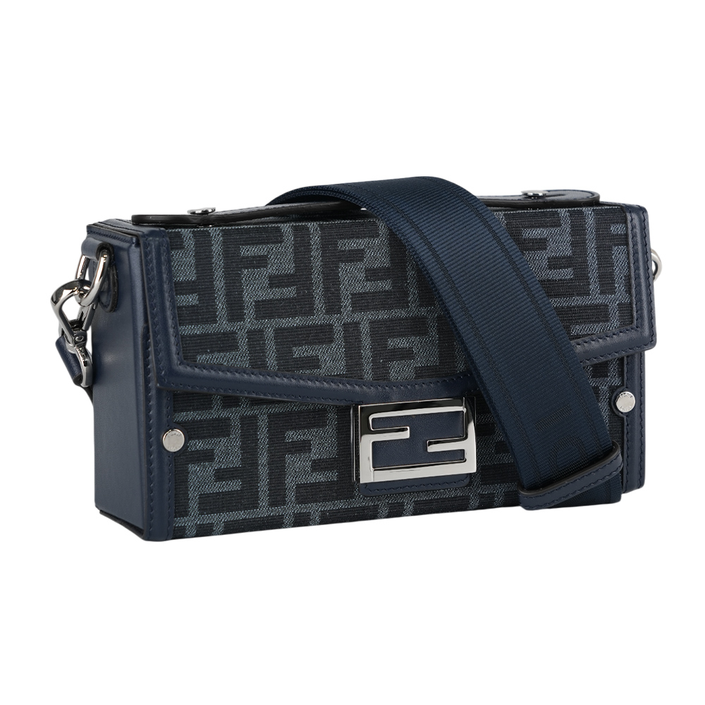 FENDI Soft Trunk FF Logo 緹花拼皮革二用包/牛仔藍, , large