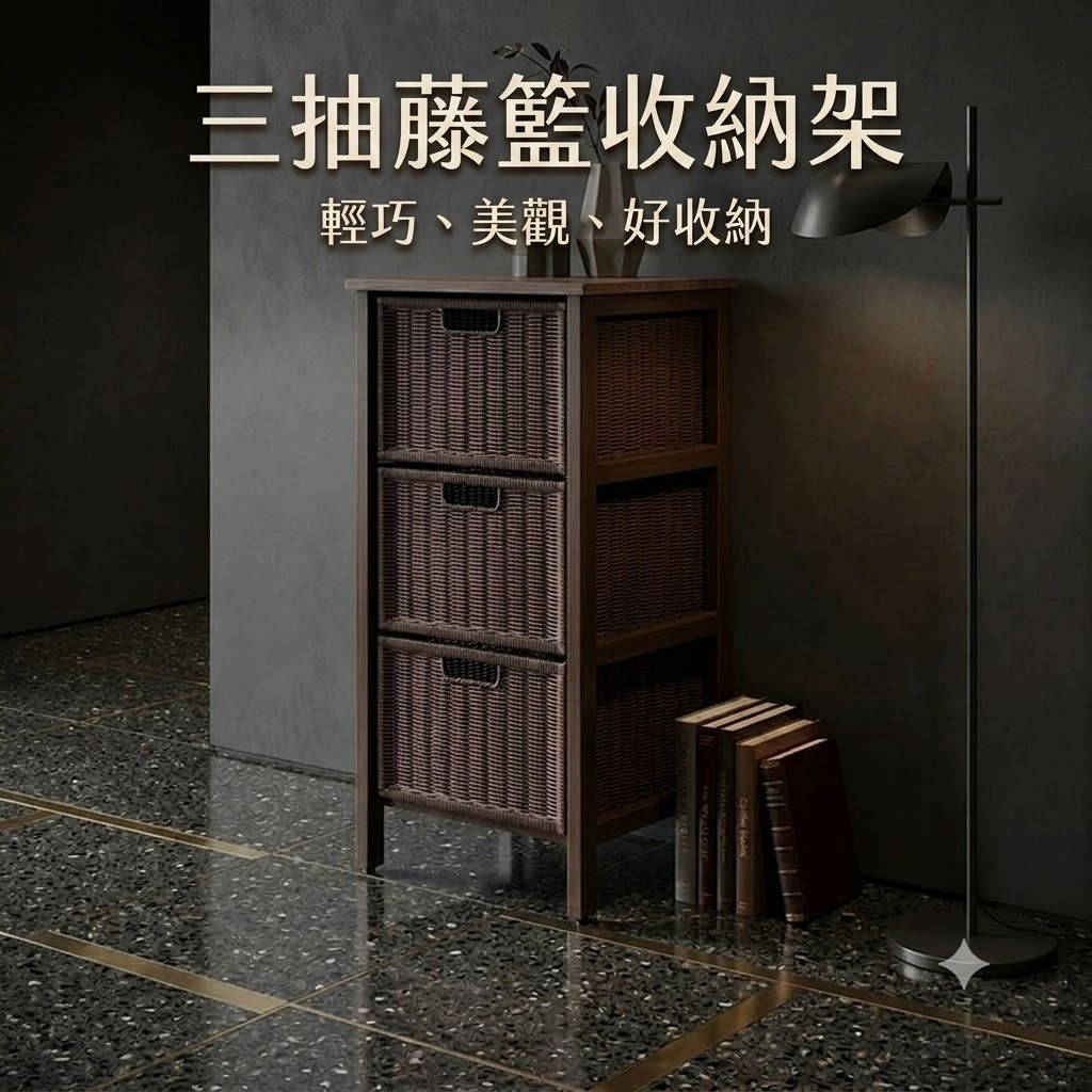 [藤立方] 三抽藤籃收納架-咖啡色, , large