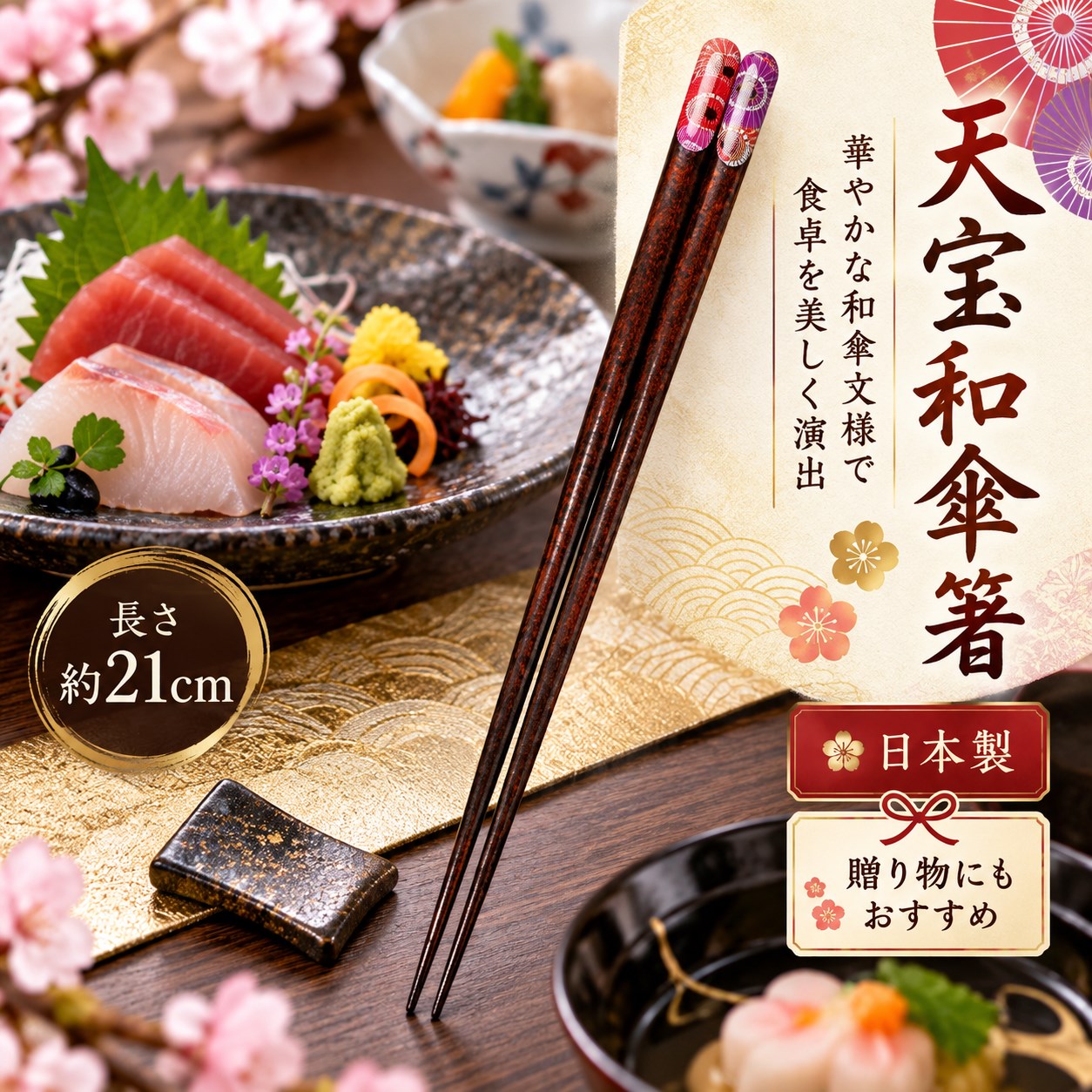 【HIYASU日安工坊】日本工藝箸-天寶和傘 21cm, , large