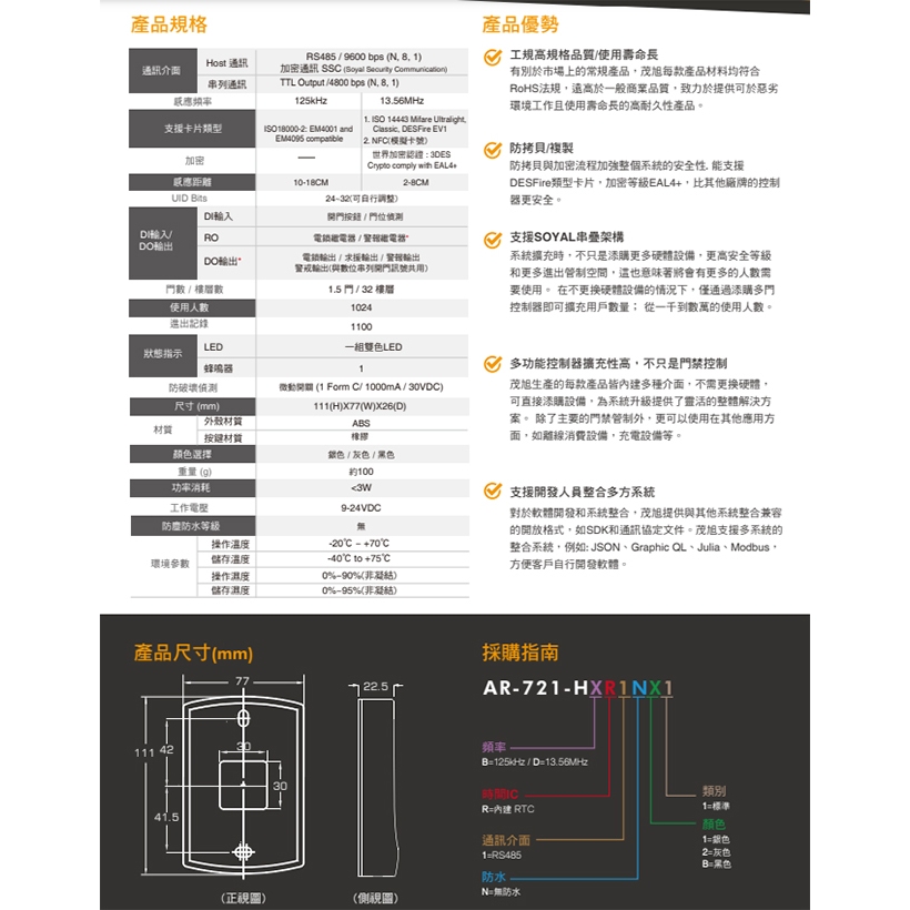 昌運監視器 SOYAL EM 連網 AR-721HBR1 按鍵型門禁控制器 門禁讀卡機, , large