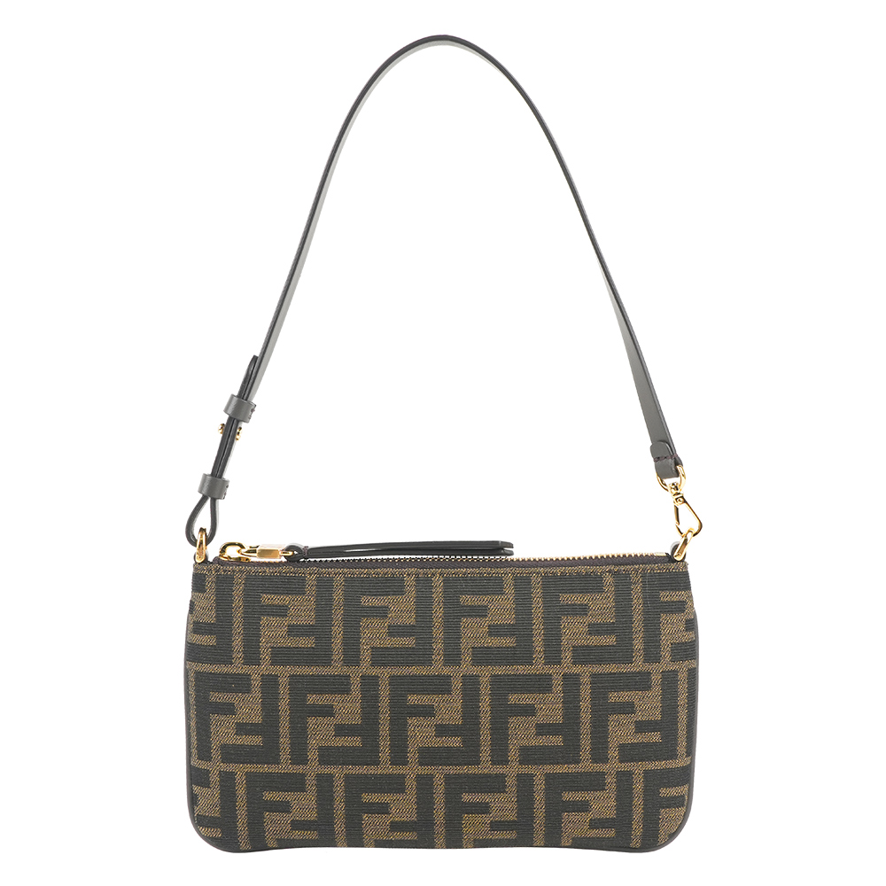 FENDI Baguette FF Logo 緹花布扁形手提包(棕色), , large