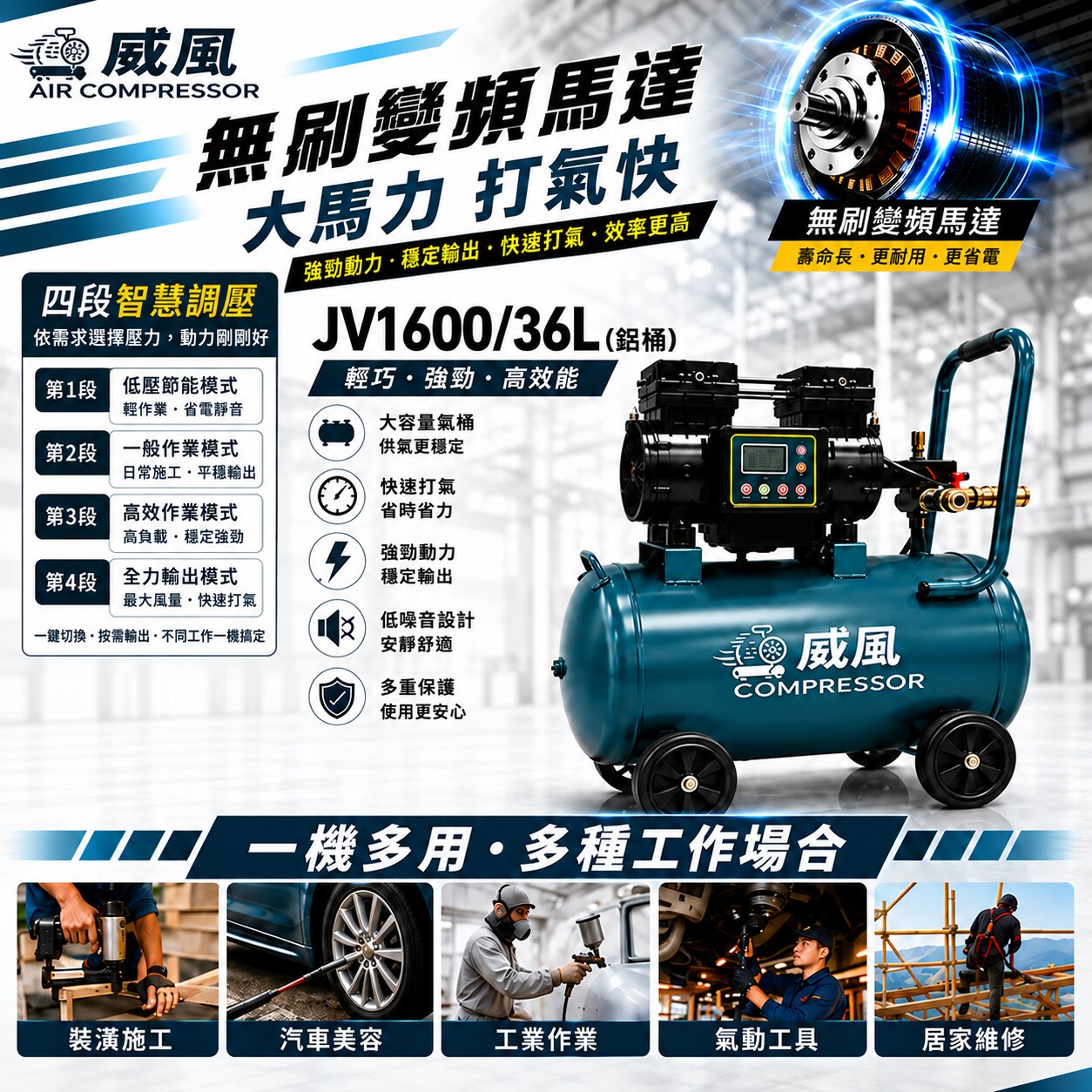 WIN五金 威風 JV1600/36L 無刷變頻空壓機｜36L鋁桶｜四段智慧調壓｜1600W｜輕量14KG｜快速打氣, , large