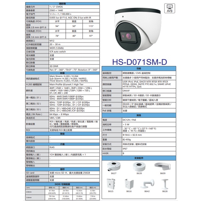 昌運監視器 昇銳 HS-D071SM-D 400萬 紅外線半球網路攝影機 以新款(HS-D071WJ-D出貨), , large