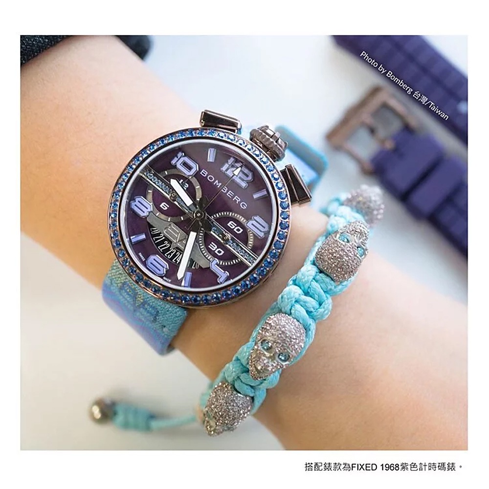BOMBERG 炸彈錶 白水鑽藍眼銀骷髏粉藍色手環-S (JW-LBT-SS.S7.3), , large