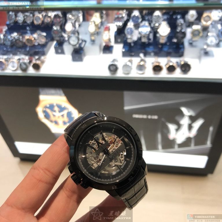 [星晴錶業]MASERATI手錶,46mm,R8821119006機械鏤空錶面黑錶殼深黑色真皮皮革錶帶款, , large