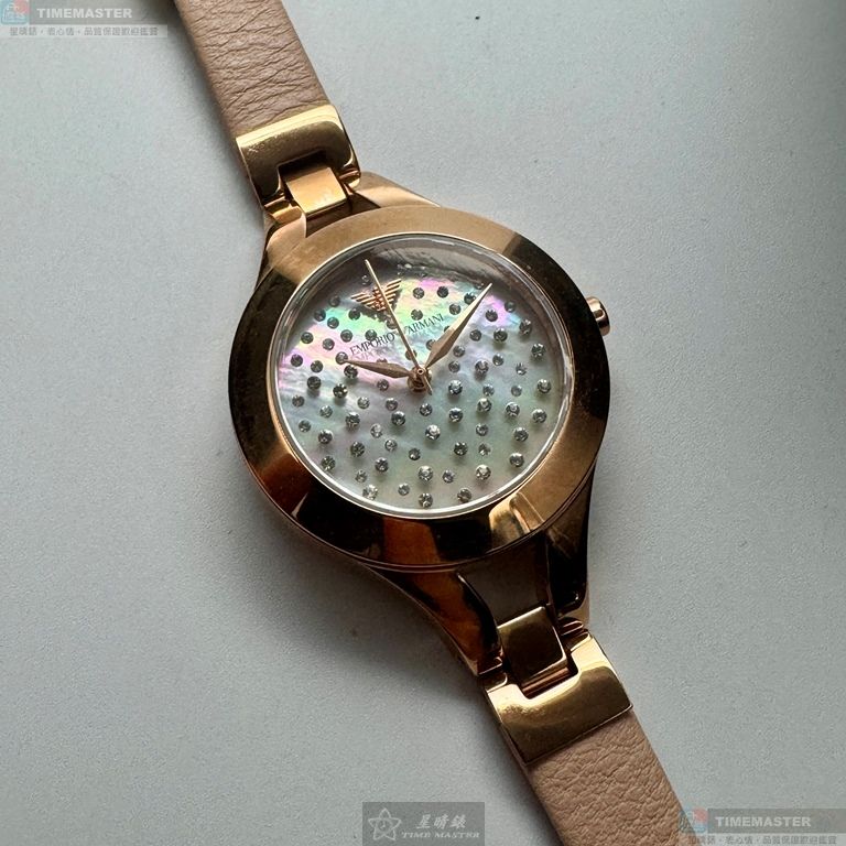[星晴錶業]ARMANI手錶,34mm,AR00089貝母錶面玫瑰金錶殼粉紅真皮皮革錶帶款, , large