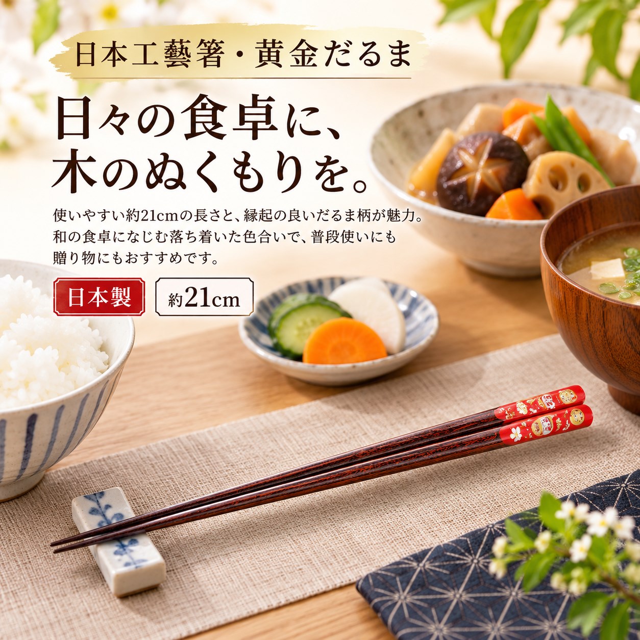 【HIYASU日安工坊】日本工藝箸-黃金不倒翁 21cm, , large
