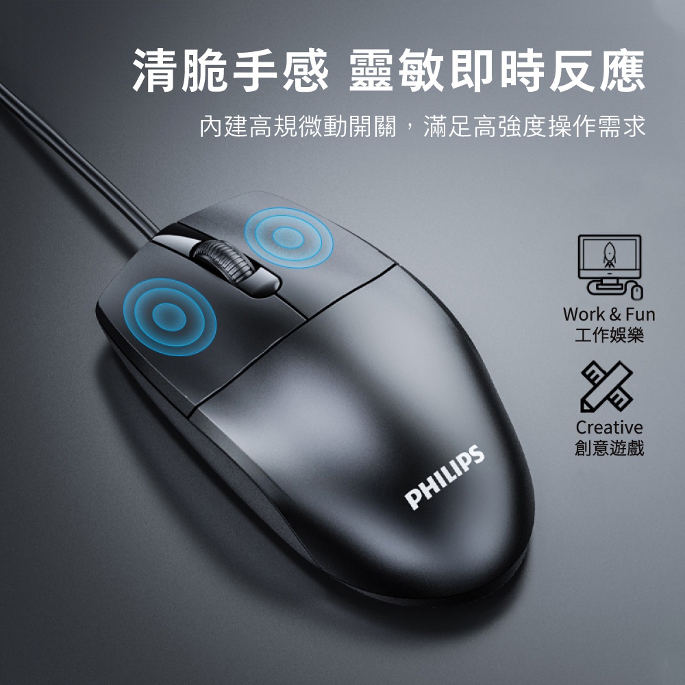 PHILIPS SPK7247B Three-Button Wired Mouse High-precision optical 1200DPI anti-slip scroll wheel, , large