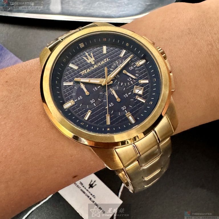[星晴錶業]MASERATI手錶,44mm,R8873621021寶藍色錶面銀金色錶殼金色精鋼錶帶款, , large