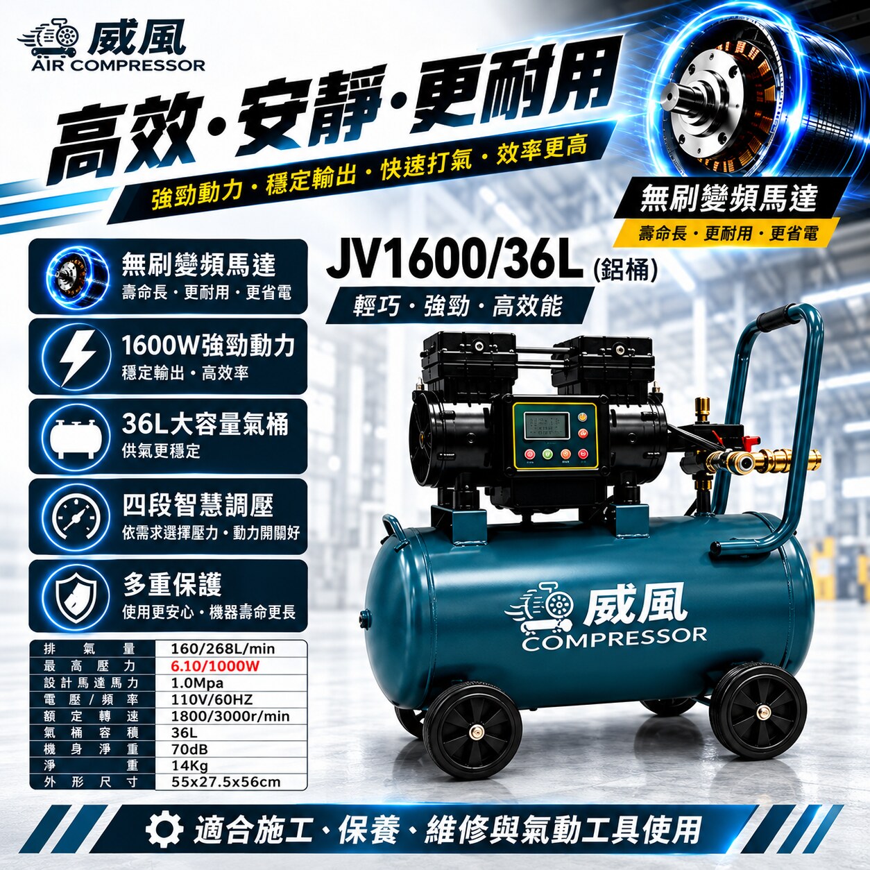 WIN五金 威風 JV1600/36L 無刷變頻空壓機｜36L鋁桶｜四段智慧調壓｜1600W｜輕量14KG｜快速打氣, , large