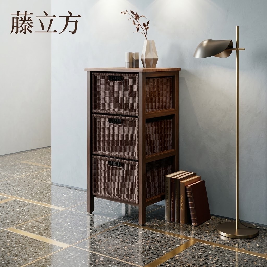 [藤立方] 三抽藤籃收納架-咖啡色, , large