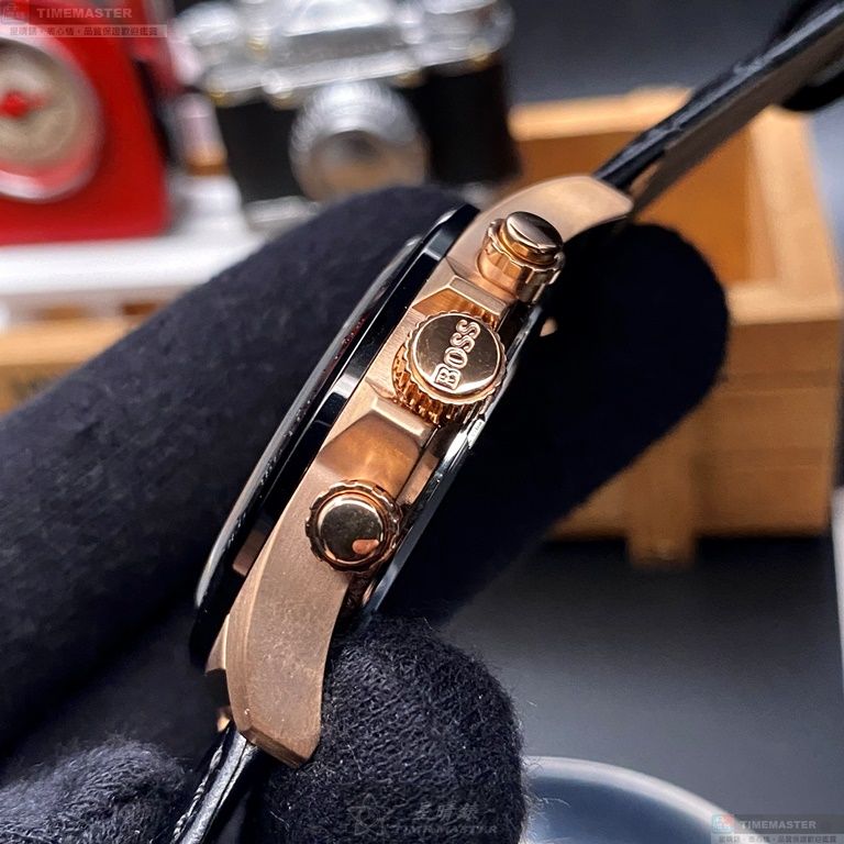 [星晴錶業]BOSS手錶,44mm,HB1513753黑色錶面玫瑰金錶殼深黑色真皮皮革錶帶款, , large