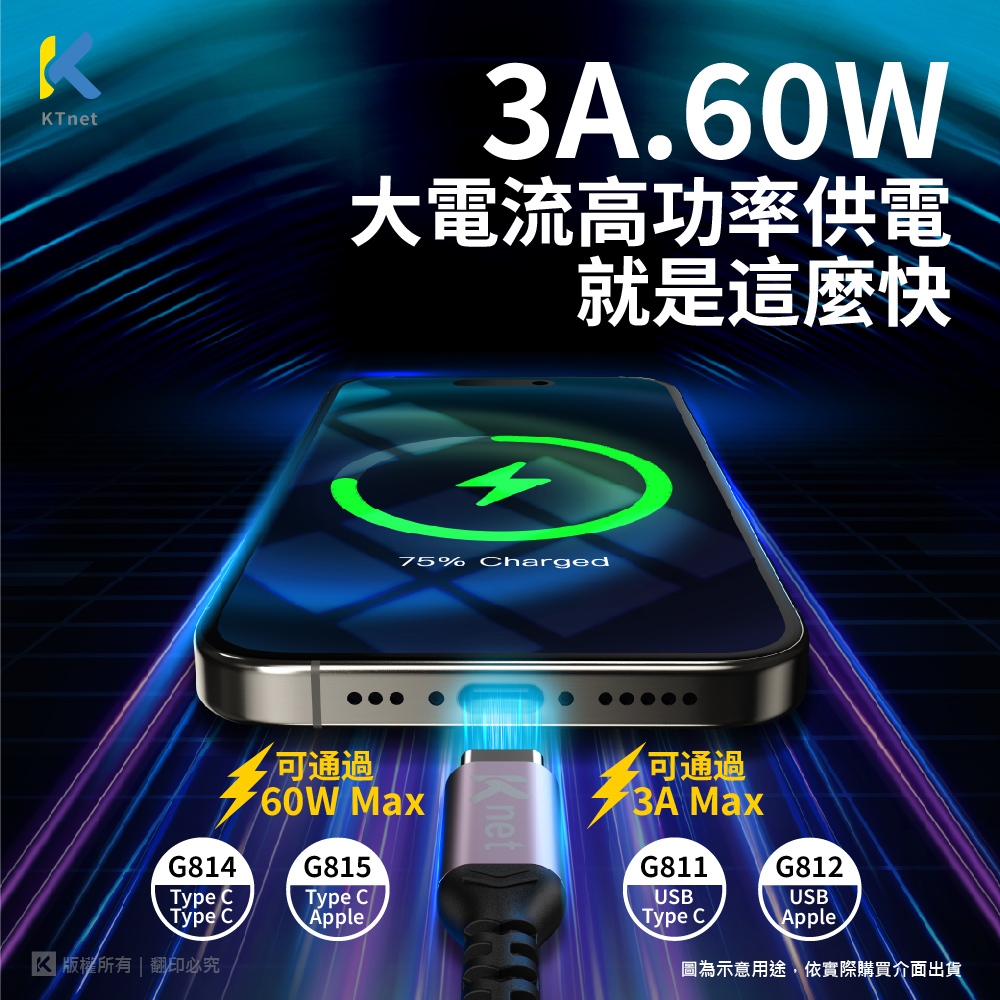 KTNET G811 USB-C Fast Charging Transmission Gold Aluminum Braided Cable 3A 1.2M Super Tensile Design High-Speed Transmission Aluminum Alloy Head Compatible with multiple brands, , large