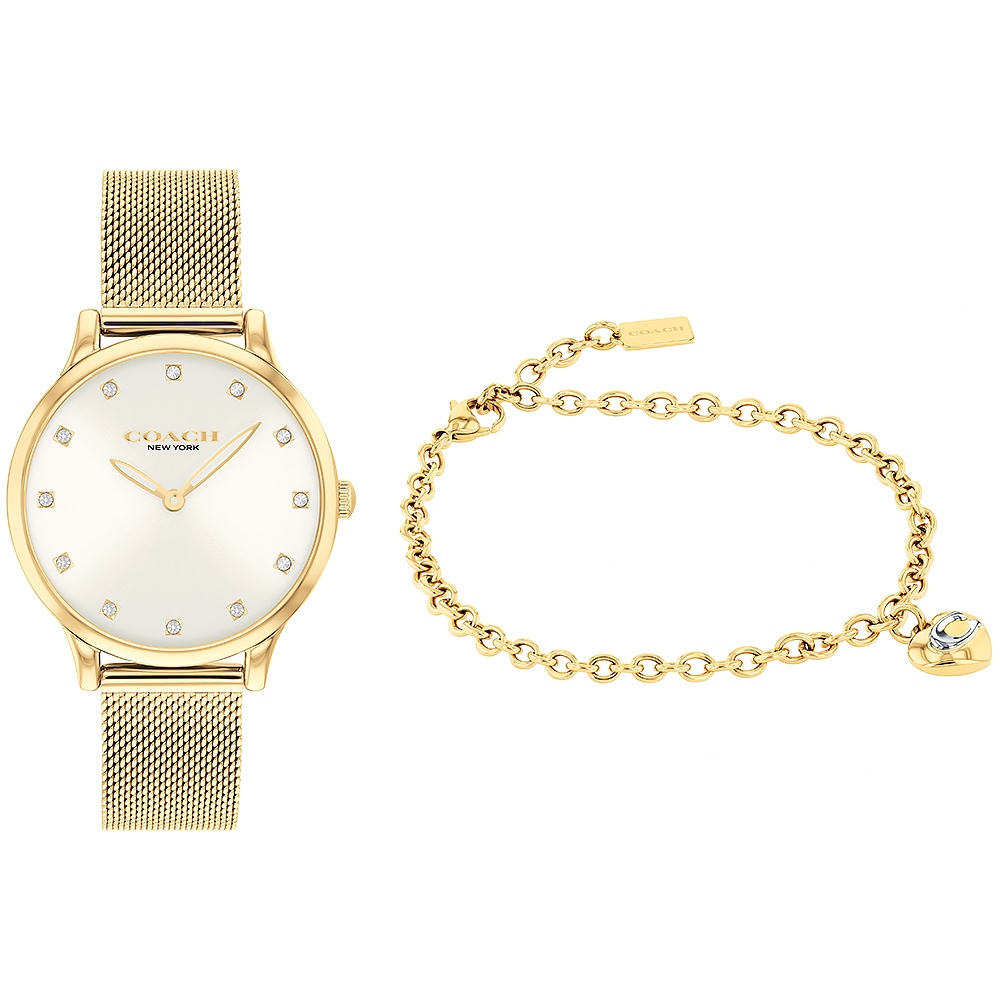 COACH Chelsea 香檳金米蘭帶女錶 愛心手鍊套組 CO14000109, , large
