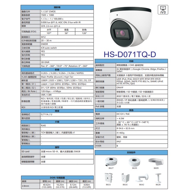 昌運監視器昇銳 HS-D071TQ-D 200萬 紅外線半球網路攝影機 PoE 內建麥克風 以新款(HS-D071WL-D出貨), , large