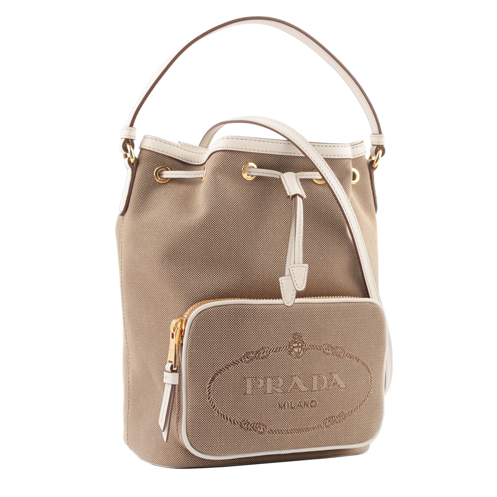 PRADA 刺繡Logo帆布拼皮革飾邊二用水桶包/卡其色/白色, , large