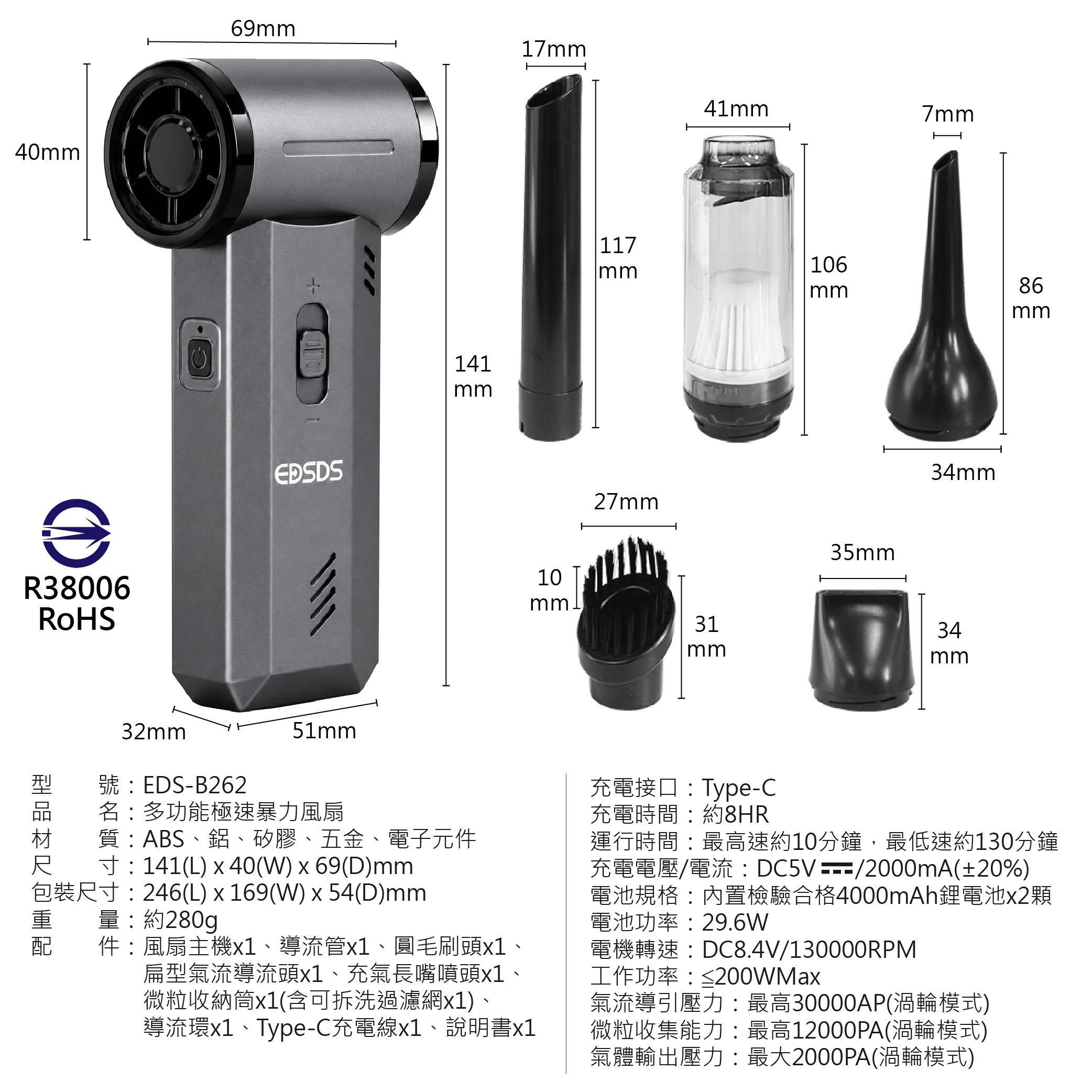 鉅玉經典｜多功能極速暴力風扇【檢驗合格】吹塵機 吸塵器 充氣幫浦  附多款配件 露營/工地/洗車/清潔 EDS-B262, , large